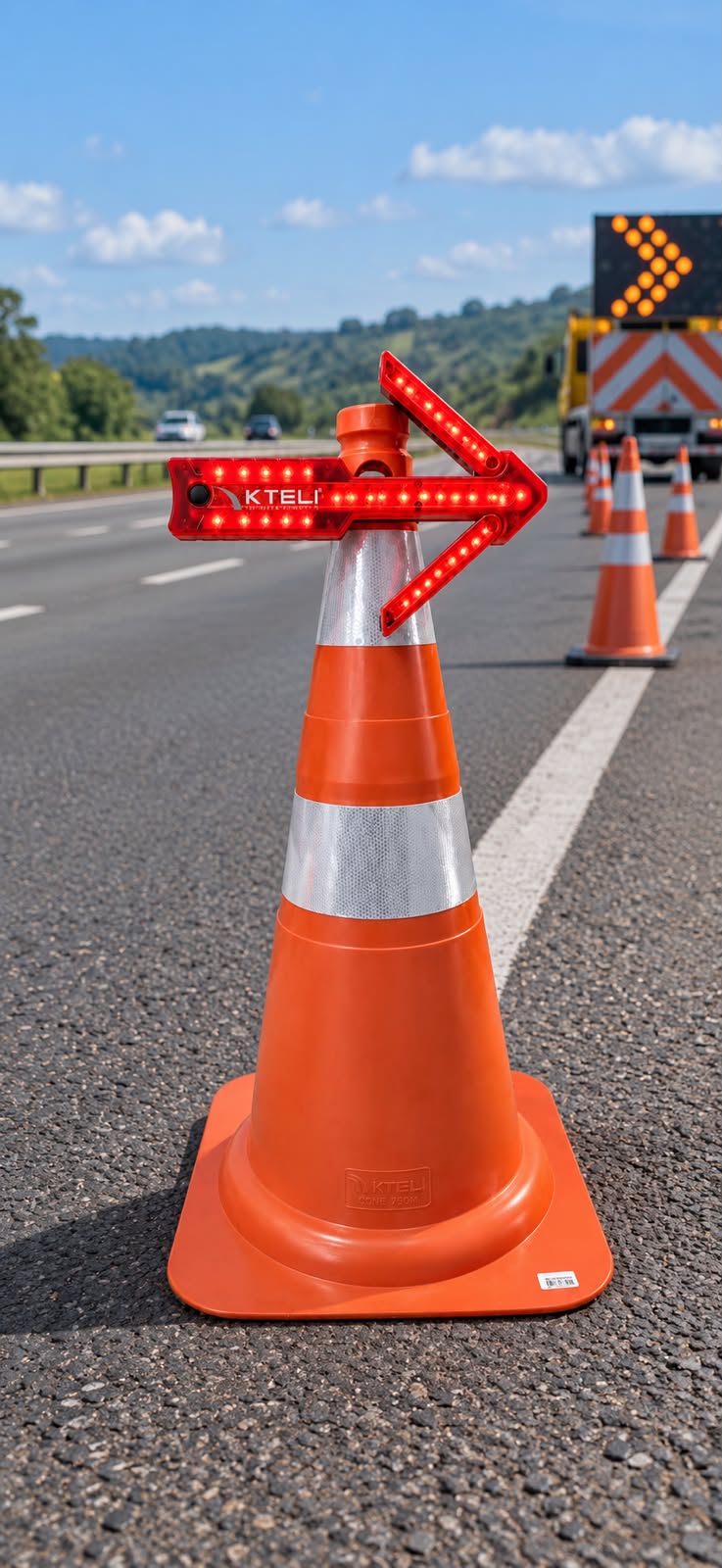 Cone KTELI com sinalizador direcional em rodovia