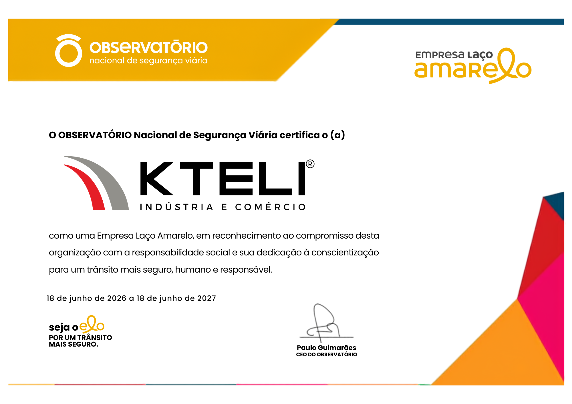 Kteli renova adesão ao Programa Laço Amarelo e reforça seu compromisso com a segurança viária